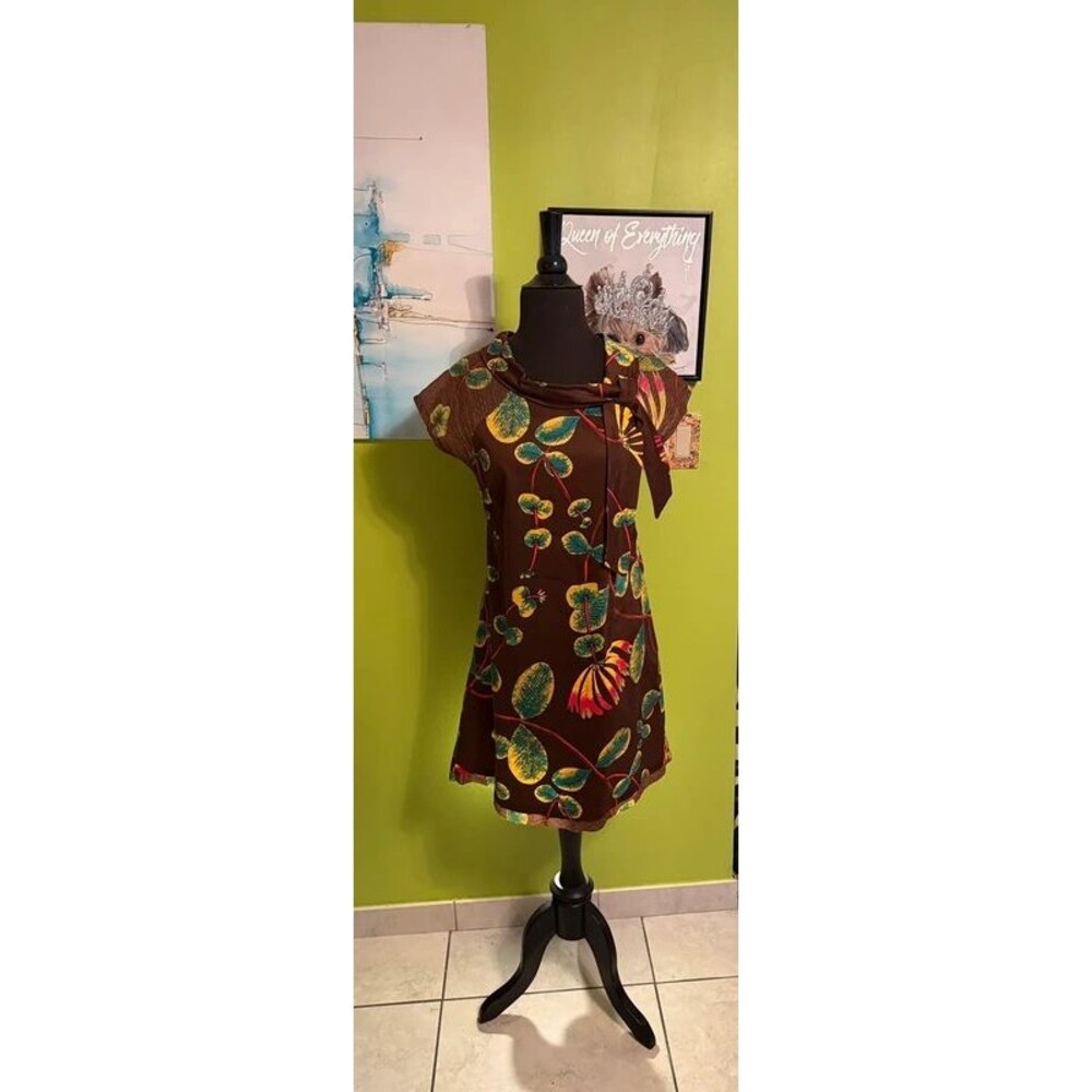 Vintage brown retro tropical print dress 38
